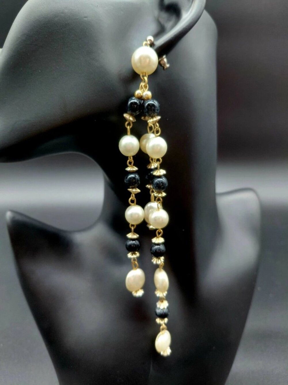 Extra Long Faux Pearl Black Bead Dangle Earrings Gold Tone Shoulder Dusted 6.25"